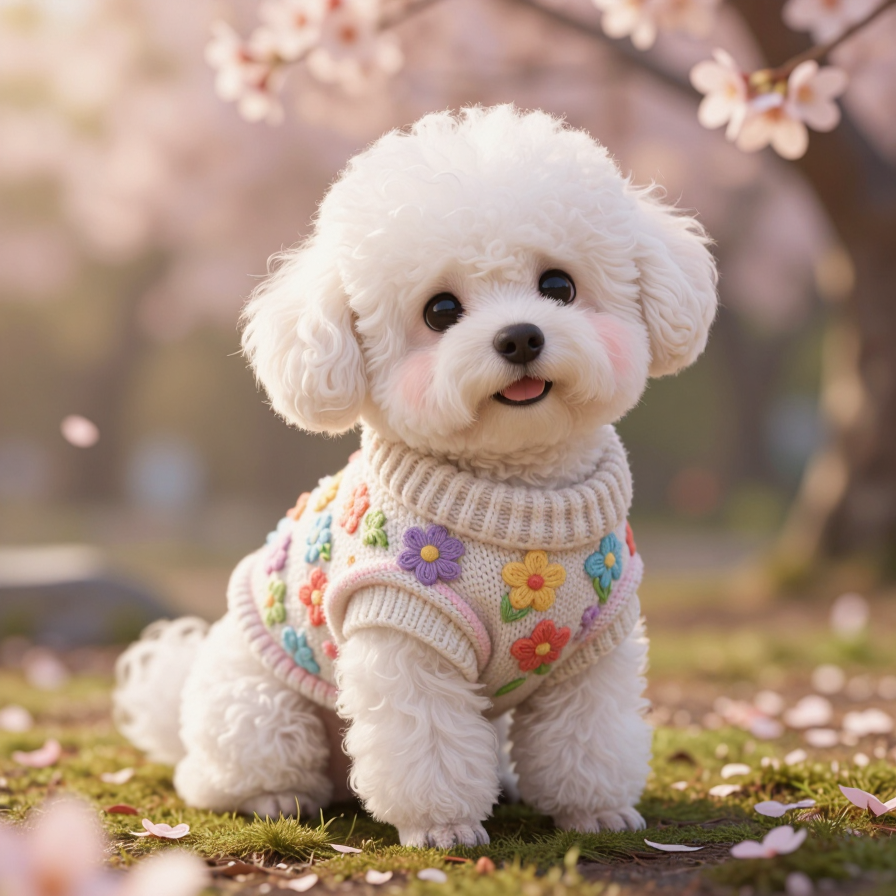 꽃잎이 내려앉은 강아지 옷
